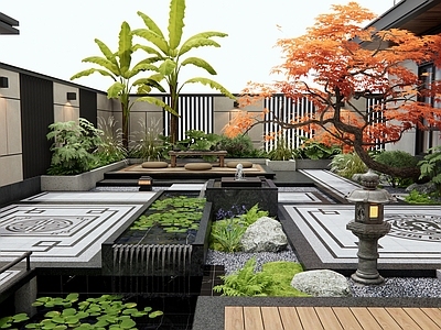 新中式庭院 别墅庭院 水景 灌木 植物景观 庭院铺装