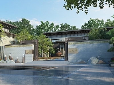 现代住宅景观 现代园林景观大门 园区住宅景观 灌木乔木大树 景观植物组合 松树树篱