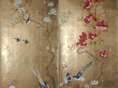 现代新中式金箔银箔 金箔东方植物花 花鸟植物画