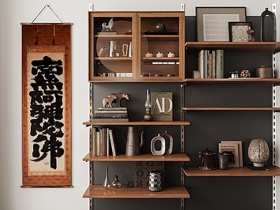 中古复古书柜 中古风书柜 诧寂风格书柜 新中式书柜 字画摆件 书本摆件