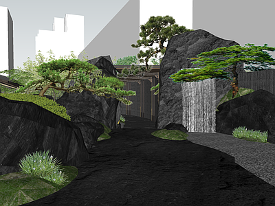 现代别墅庭院 新中式示范区景观 石头假山 庭院水景 迎客松景观树 廊架