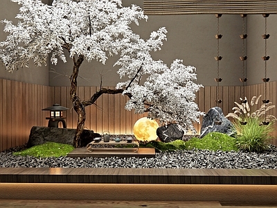 新中式禅意室内景观 庭院小品 景观树 植物造景 雨链 月球灯