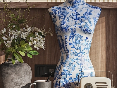 中古摆件组合 中古陶瓷摆件 青花瓷雕塑摆件 咖啡杯 植物盆栽 收音机
