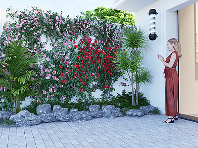现代新中式庭院小品 花墙 月季 散尾葵