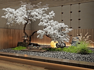 新中式禅意室内景观 景观树 狼尾草 雨链 庭院小品 苔藓