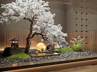 日式禅意室内景观 景观树 雨链 景观石 枯山水 禅意景观