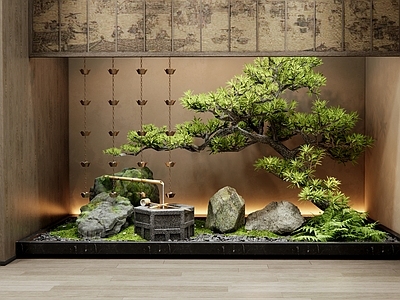 新中式禅意室内景观 玄关造景 松树 雨链 景观石头 水钵水景