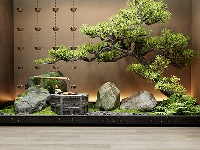 新中式室内景观 雨链 水钵水景 罗汉松 景观石头 庭院小品