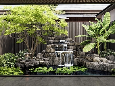 新中式假山水景 室内景观 鱼池 水生植物 芭蕉树 景观树