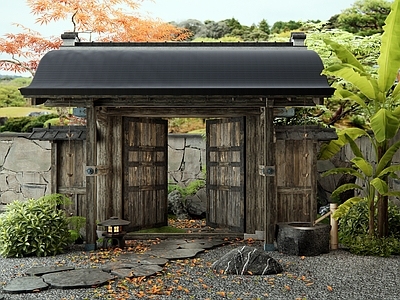 日式禅意庭院 庭院门 石板汀步 灌木 芭蕉树 水钵