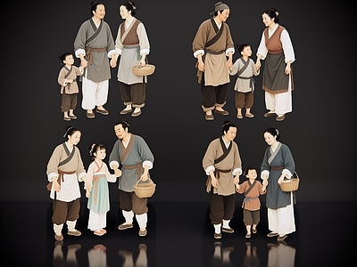 多人 2D古代百姓 古装一家人 百姓一家三口 贫苦百姓 影视剧角色