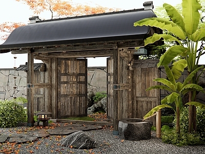 中式日式庭院 乡村庭院 庭院大门 芭蕉树 灌木 石板路