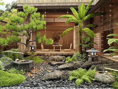 日式禅意庭院 杂木庭院 景观石头 水钵 雨链 芭蕉植物