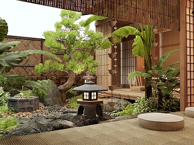 日式禅意乡村庭院 杂木庭院 景观石头 芭蕉植物 雨链 松树造景