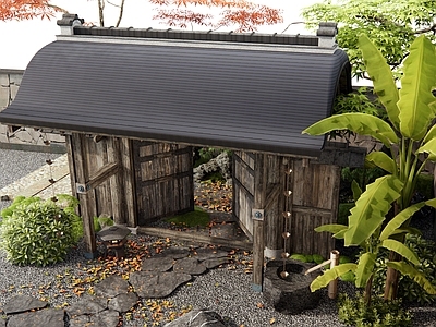 中式日式庭院 乡村庭院 庭院大门 羽毛枫 芭蕉植物 石板汀步