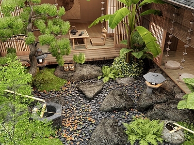 日式中式庭院 枯山水庭院 水钵水景 景观石头 雨链 杂木植物