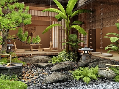 日式新中式庭院 乡村庭院 民宿庭院 景观石头 汀步 水钵水景