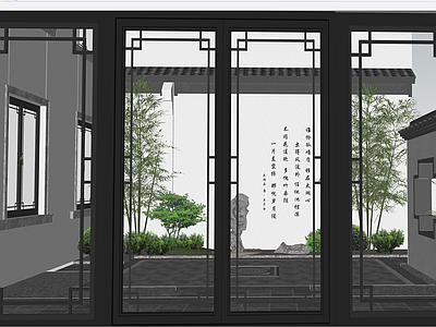 中式别墅庭院 中式庭院 景墙 入户门头