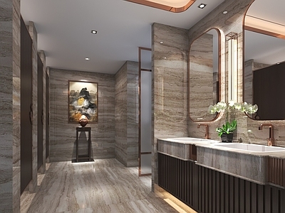 轻奢现代公共卫生间 酒店公共卫生间 餐饮公共卫生间 公共卫生间洗手台 公共卫生间隔断 玫瑰金五金件