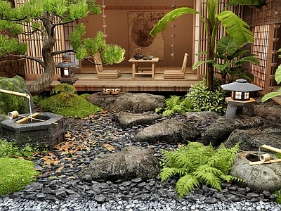 新中式禅意庭院 枯山水 水钵 植物景观 景观石头 汀步