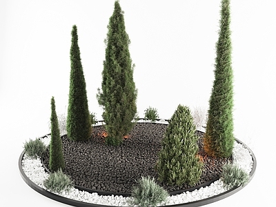 现代新中式花池 鹅卵石 松树 植物 碎石