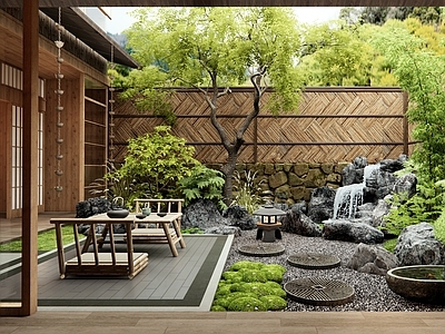 日式新中式庭院 乡村庭院 别墅庭院 民宿庭院 假山水景 水钵