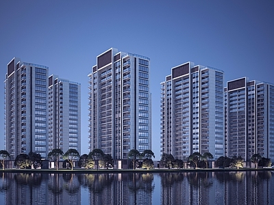 现代高层住宅 现代住宅 高层住宅 沿河住宅透视 夜景住宅