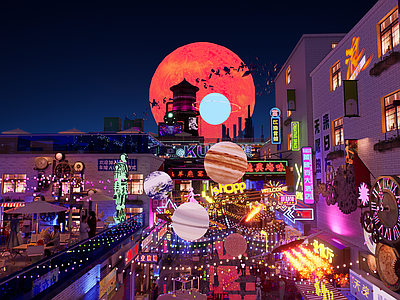 现代新中式商业景观 酒吧夜市文创集市 赛博朋克蒸汽波 怀旧复古八十年代 千禧年旧核ins 旧改商业街
