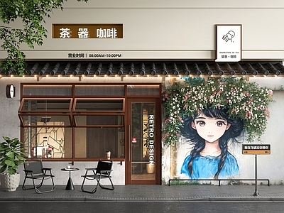现代门头 咖啡店门头 古建门头 折叠窗 打卡墙 户外桌椅