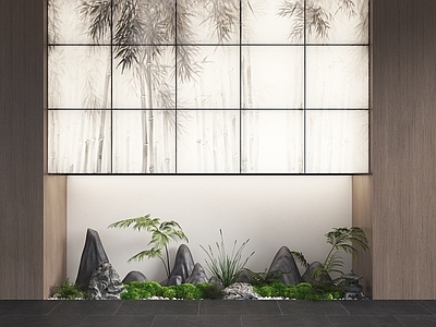 现代新中式室内景观 室内景观 室内造景 庭院景观小品 杜邦纸透光背景墙 竹子灯箱景观