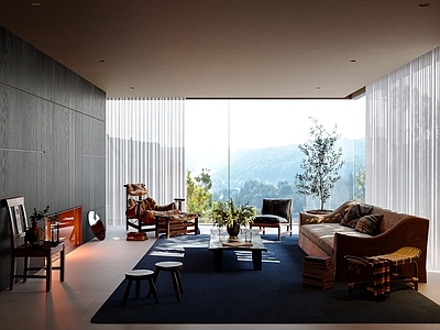 复古中古家居客厅 复古客厅 无主灯客厅