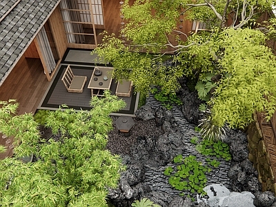 日式中式庭院 民宿庭院 假山水景 溪流水景 户外茶桌椅 景观树