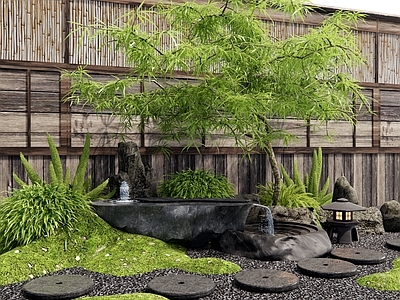 日式新中式假山水景 水景 流水景石 羽毛枫 苔藓 植物造景