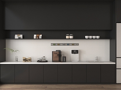 现代茶水间 现代办公茶水间 直饮机 咖啡机 茶水区装饰柜 可移动轨道插座