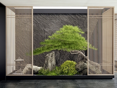 新中式室内景观 天井景观 松树 景观石头 玄关造景 植物堆