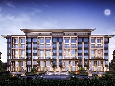新中式其他住宅外观 新中式洋房住宅 双拼洋房 精致豪宅 洋房透视 庭院景观
