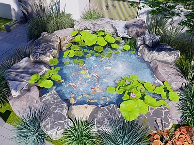 新中式日式水景 庭院水景 假山水景 荷花池 鱼池 日式禅意石材跌水