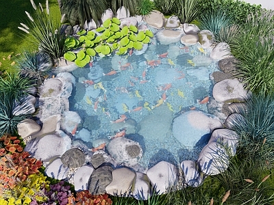 新中式日式水景 鱼池 荷花池 假山水景 庭院水景 日式禅意鱼池水景