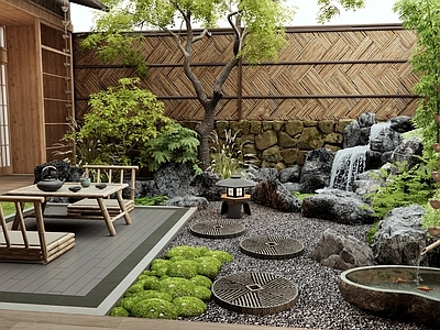 日式庭院 假山水景 水钵 汀步 户外桌椅 植物景观