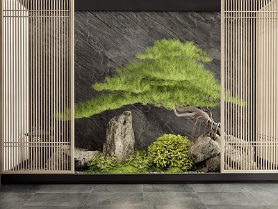 新中式室内景观 天井 端景 松树 景观石 植物造景