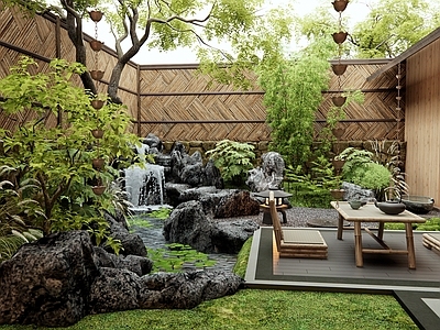 日式庭院 假山水景 鱼池 户外茶桌椅 雨链 植物景观