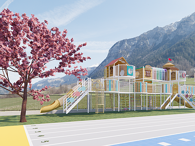 现代校园景观 幼儿园整园 大型玩具 操场 沙水池
