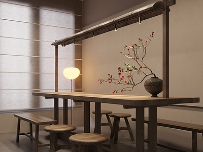 现代新中式餐桌 实木餐桌 长餐桌 侘寂 宋代美学