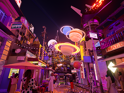 现代新中式中庭美陈 旧改商业街 酒吧夜市文创集市 赛博朋克蒸汽波 怀旧复古八十年代 星球宇宙太空
