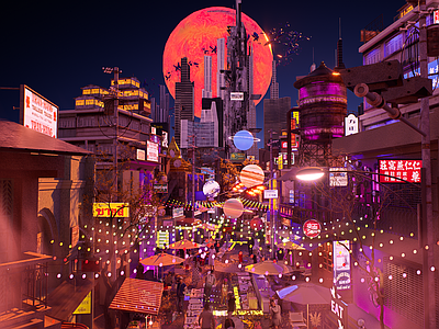 现代新中式商业景观 星球宇宙太空 老街小巷胡同 旧改商业街 酒吧夜市文创集市 赛博朋克蒸汽波