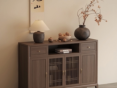 新中式中古玄关柜 边柜 端景柜玄关柜 矮柜 挂画干枝盆景 台灯