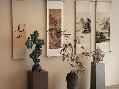 新中式中古摆件组合 挂画太湖石 古建雕刻 玄关摆件