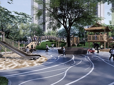 中式新中式小区景观 儿童活动区 中式景观 中央会客厅 高差景观 林下空间