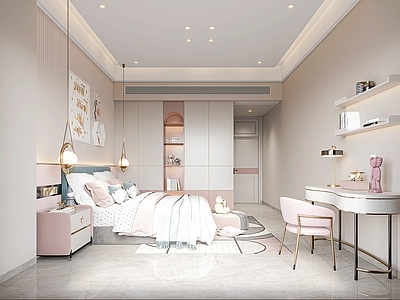新中式中式女孩房 新中式女孩房 床头柜 桌椅组合 摆件 女孩房