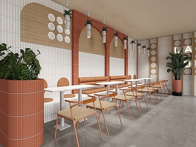 现代北欧快餐店 快餐店 汉堡店 盆栽 餐厅卡座 单头小吊灯